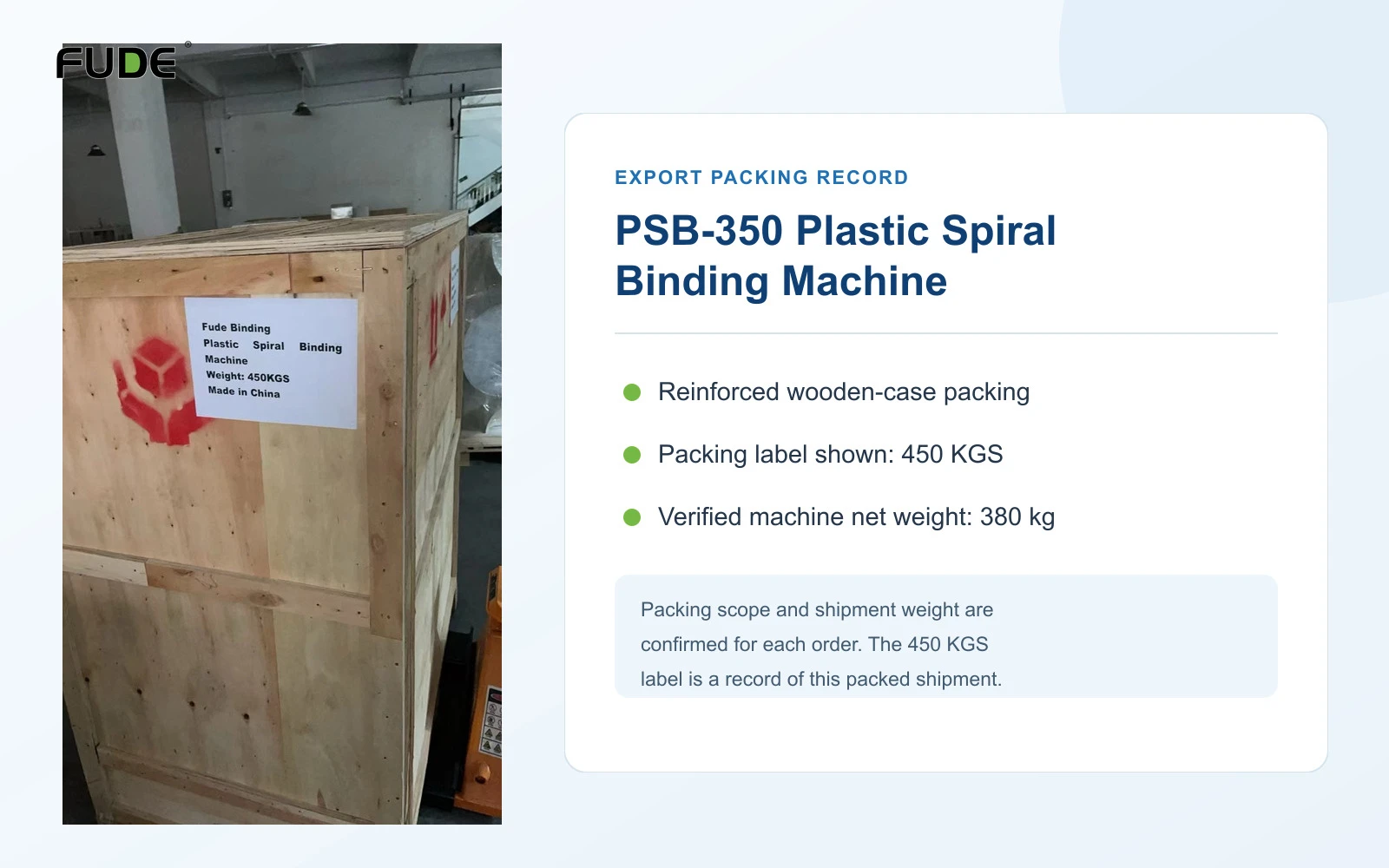 PSB-350 Plastic Spiral Binding Machine packed in a reinforced wooden case